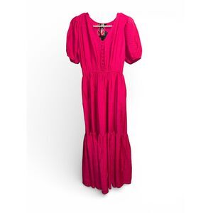 590 Nine West Hot Pink Maxi Dress Size S Puff Sleeve Button Front